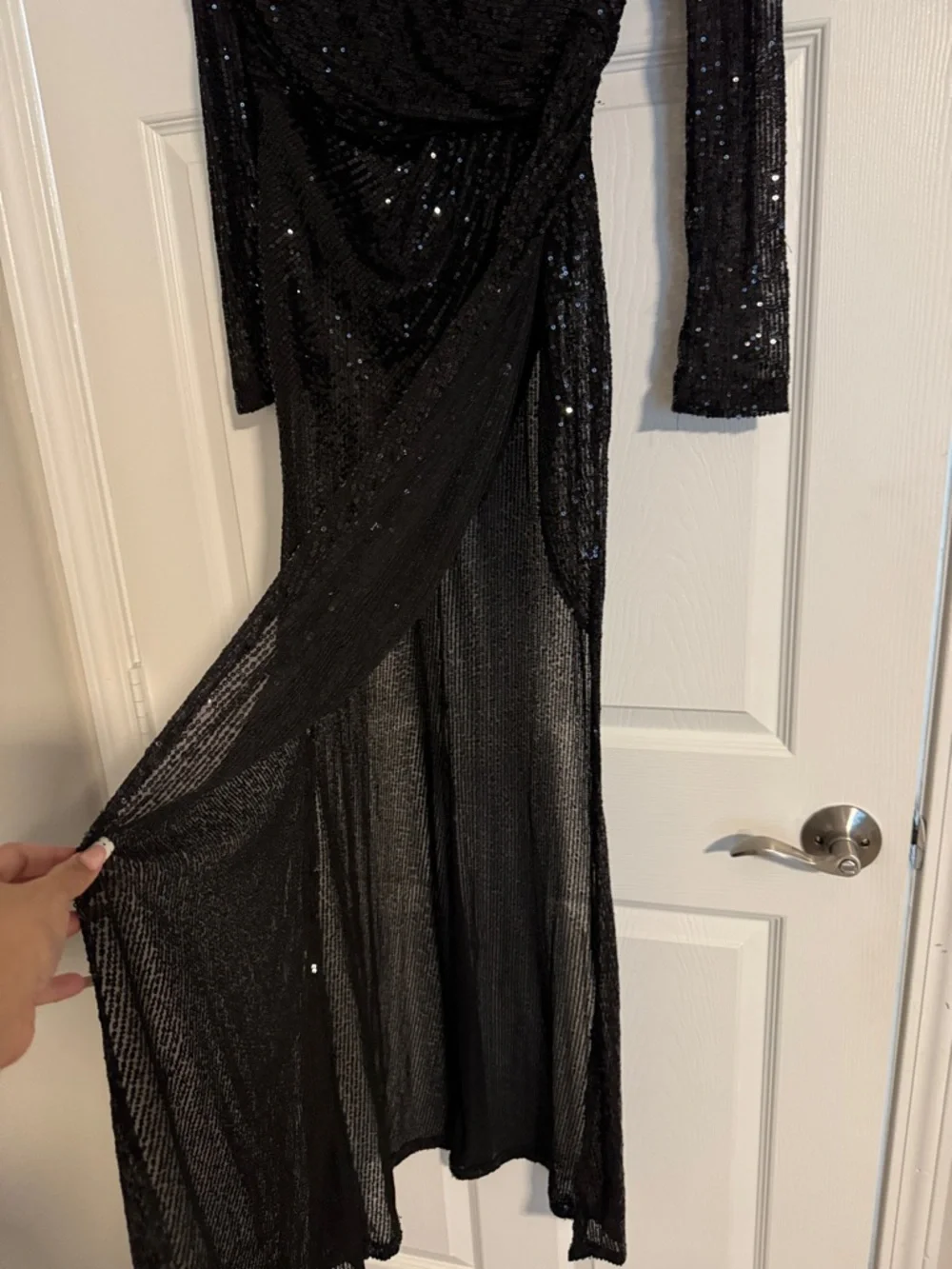 Black Beaded Long Sleeve Evening Gown - Picture 3 of 6